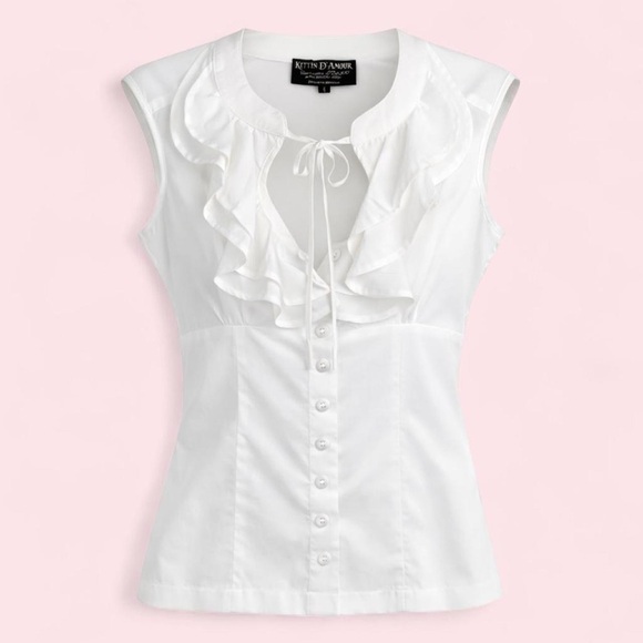 Kitten D’Amour Tops - Sleeveless White Ruffled Blouse